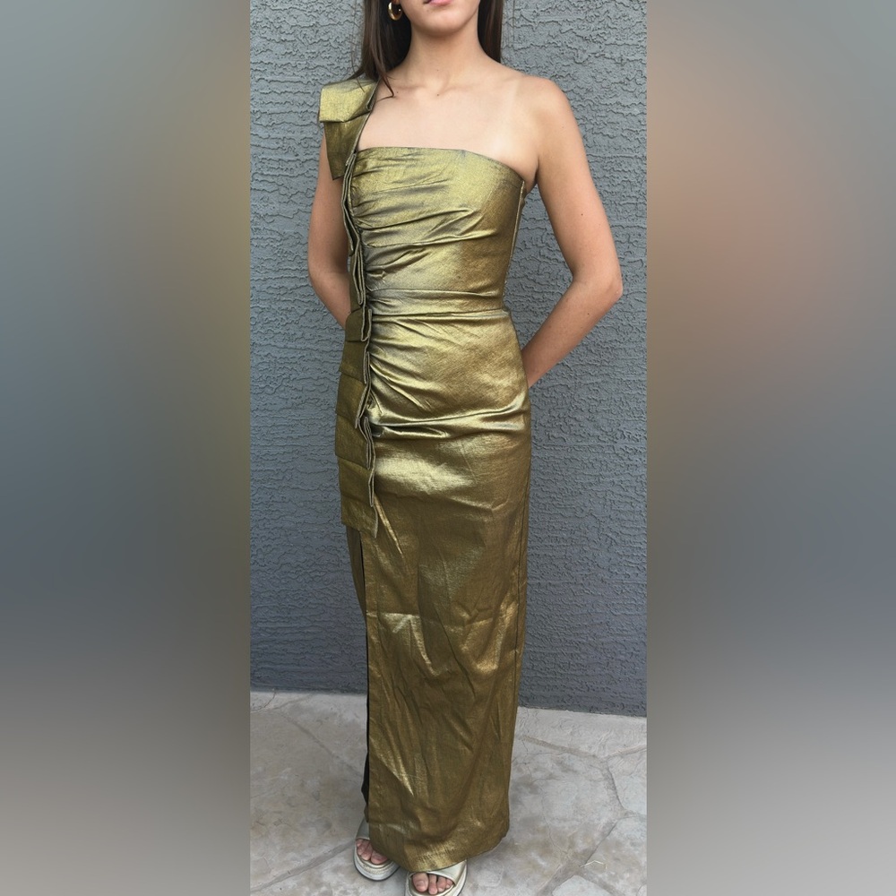 Jessica McClintock One Shoulder Old Gold Ruched Column Gown Waterfall Pleating
